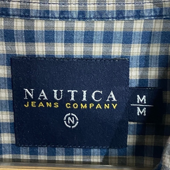 Nautica Jeans Short Sleeve Blue/Grey Gingham Print Button-Down - Picture 5 of 6